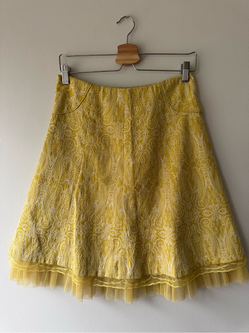 Sandra Angelozzi Yellow Paisley A-Line Skirt with Tulle Hem